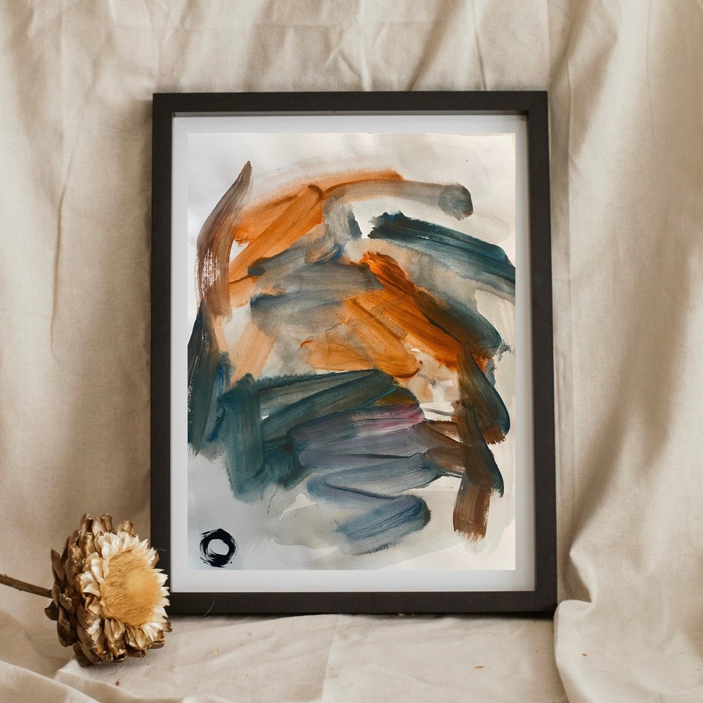 OMAN Original Abstract Painting 8.5x11 Expressionist Art Orange Teal Blue Grey